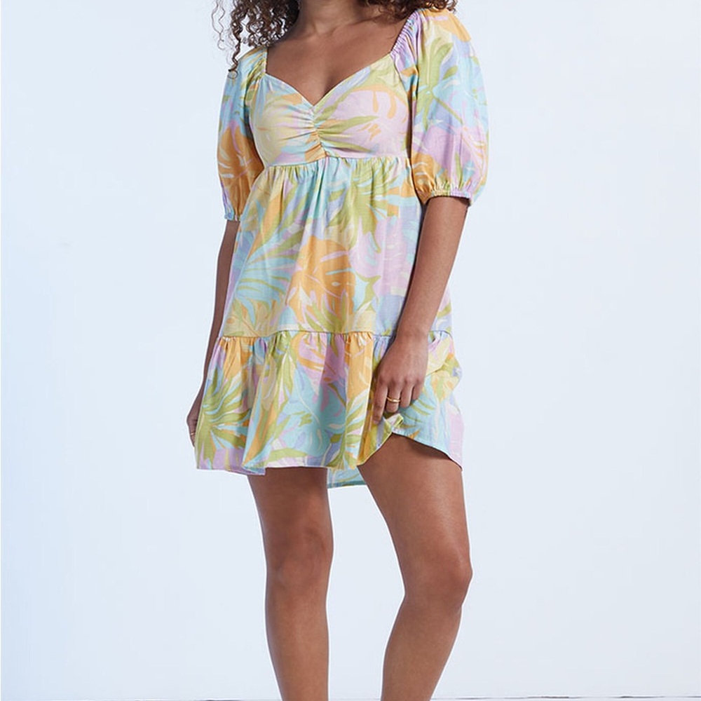Multicolor Puff Sleeve Dress Size LG Billabong Be Mine Babydoll Dress